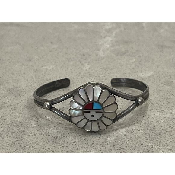 Zuni Native Sunface Inlaid Sterling Silver 925 Cuff Bracelet 6” Wrist Size - Picture 1 of 16